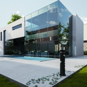 Contemporary house with glass facade and pool, showcasing sleek modern architecture.